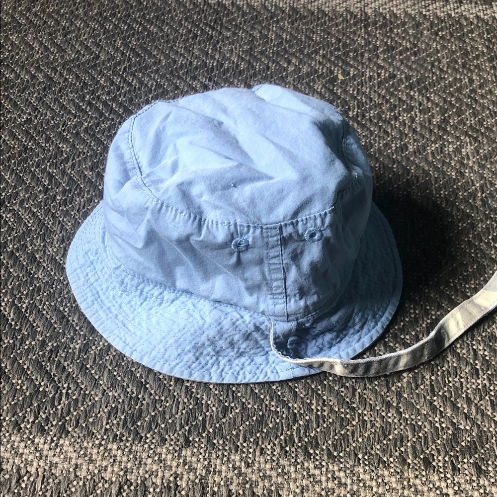 Reversible Kids Camo Bucket Hat with Light Blue Trim and Chin Straps